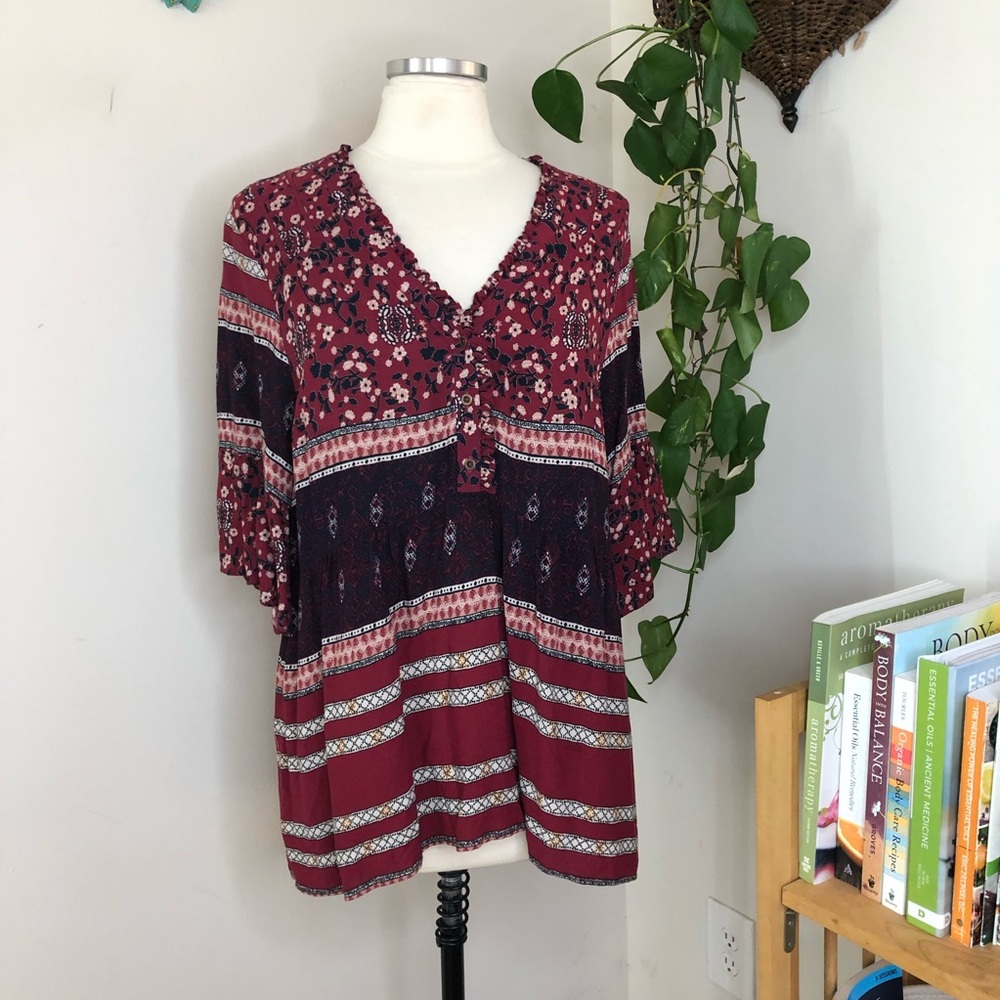 Knox Rose striped floral boho top burgundy XL